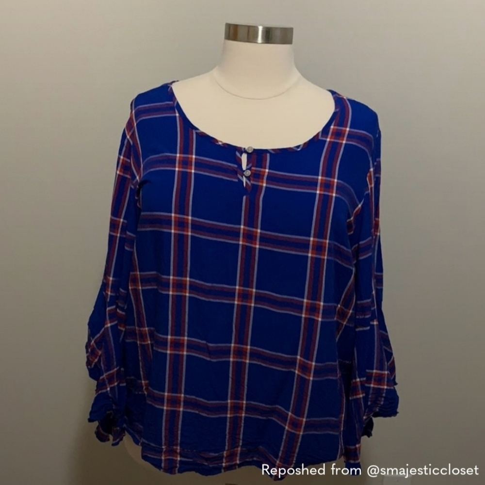 Est 1946 Cato 22/24W Blue with Red and White Lines Blouse - Picture 2 of 6